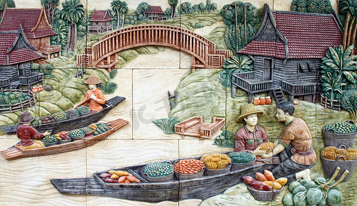 农业文化墙摄影照片_在寺庙墙壁上的当地文化泰国灰泥，泰国