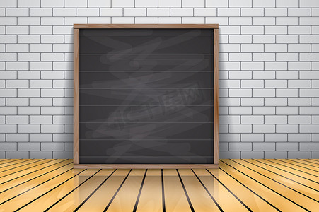 模型展示框招牌站在光滑的木地板上，黑板木框