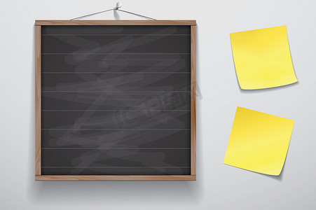 黑色招牌摄影照片_模拟展示框招牌，墙上挂着两张黄色贴纸，黑板木框