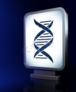 医生蓝色海报摄影照片_医疗保健概念：广告牌背景上的 DNA