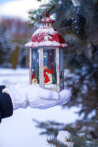 树枝灯笼摄影照片_雪冬日冷杉树枝上的圣诞灯笼