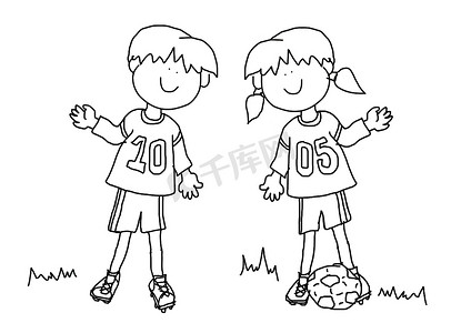 剪贴画卡通摄影照片_男孩和女孩卡通足球运动员