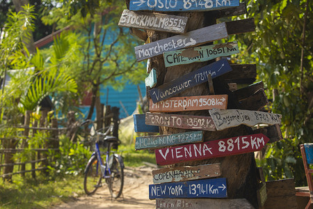 手绘方向木标志到世界不同的城市，老挝。