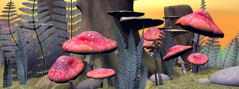 森林中的飞木耳蘑菇 — 3D渲染