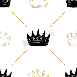 公主手绘皇冠摄影照片_皇冠无缝图案，手绘皇家涂鸦背景，矢量图解