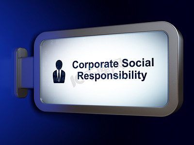 经营理念： 企业社会责任和广告牌背景上的商人