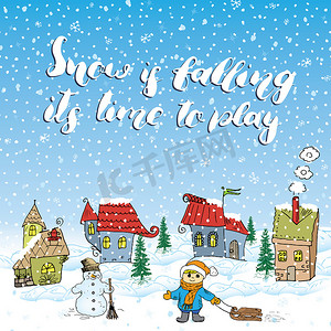 手绘雪人可爱摄影照片_冬季手绘矢量图和小房子、雪人和带雪橇的孩子。
