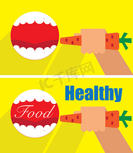 健康食品海报-张开嘴和手，胡萝卜背景