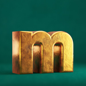 国潮水花摄影照片_潮水绿色背景上的 Fortuna 金色字母 M 小写。