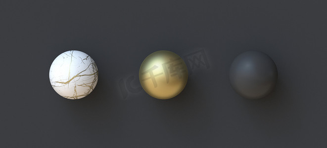 抽象背景大理石、金色和黑色球 3D