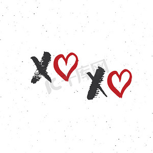 XOXO 毛笔字母符号，Grunge calligraphiv c 拥抱和亲吻短语，互联网俚语缩写 XOXO 符号，在白色背景上隔离的矢量插图