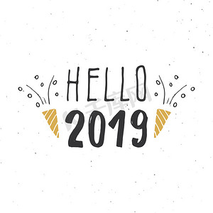 新年贺卡，你好 2019。印刷问候设计。