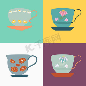 蓝色的茶杯摄影照片_蓝色复古茶杯与茶托和花卉装饰的集合。