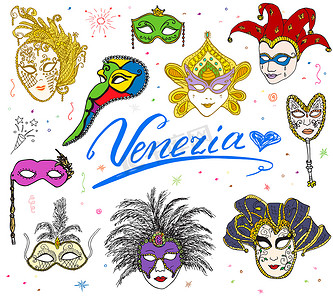 威尼斯意大利素描狂欢节威尼斯面具手绘集。