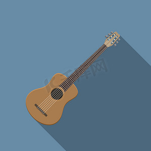 平面设计现代矢量图的原声吉他图标，乐器与长长的影子