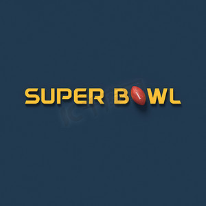 游戏海报摄影照片_3D 在普通背景上渲染单词“超级碗”和橄榄球