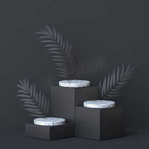 抽象背景三片棕榈叶和白色大理石圆筒 3
