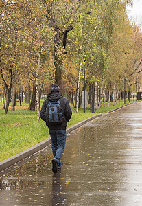 一个穿着暖和的衣服背着背包的男人，在公园的一条潮湿的小巷里散步，在秋天多云的天气里，从后面看