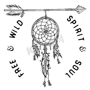 捕梦网和箭，印第安风格的部落传说，传统的捕梦网，带有鸟羽和珠子。