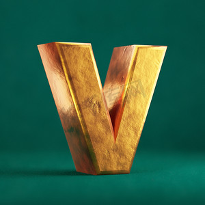 v型图摄影照片_潮水绿色背景上的 Fortuna 金色字母 V 大写。