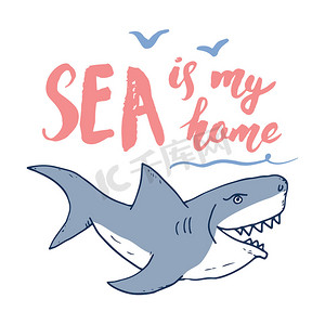海洋矢量图摄影照片_可爱的鲨鱼手绘草图，T 恤印刷设计矢量图