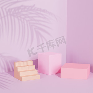 方形讲台或基座，用于产品或广告，背景为柔和的粉红色，带有热带叶影，最小 3d 插图渲染