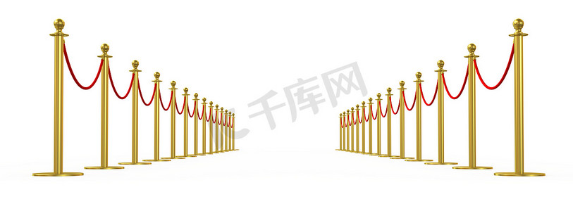 金色栅栏，带红色屏障绳的支柱