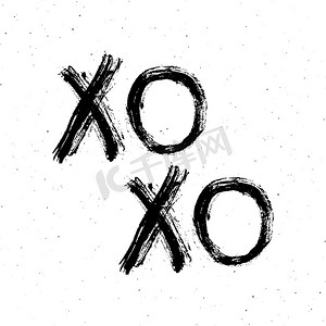 XOXO 毛笔字母符号，Grunge 书法拥抱和亲吻短语，互联网俚语缩写 XOXO 符号，在白色背景上隔离的矢量插图