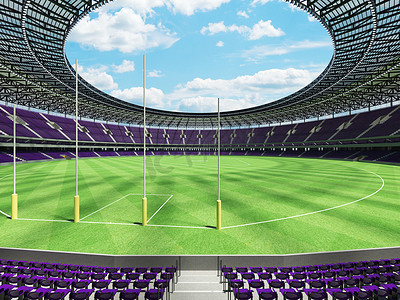 垂直俯拍足球场摄影照片_漂亮的现代圆形澳式足球场，配有紫色座椅和贵宾包厢