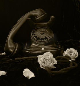 玫瑰花黑色摄影照片_旧手机