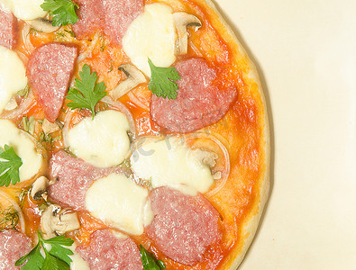 意大利腊肠和马苏​​里拉奶酪的家庭披萨