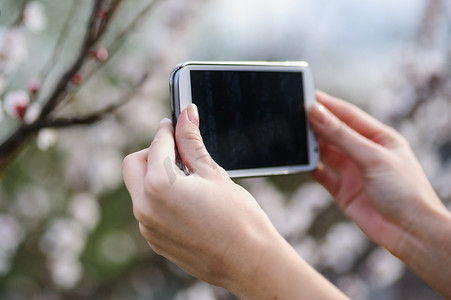女人手里拿着一部智能手机，拍摄春天的花园