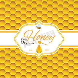蜂窝彩色图案背景上带有蜜蜂和蜂蜜滴的蜂蜜标志产品的蜂蜜标签模板