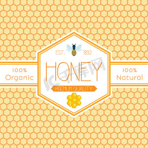 标签图案摄影照片_蜂窝彩色图案背景上带有蜜蜂和蜂蜜滴的蜂蜜标志产品的蜂蜜标签模板