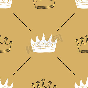 公主手绘皇冠摄影照片_皇冠无缝图案，手绘皇家涂鸦背景，矢量图解