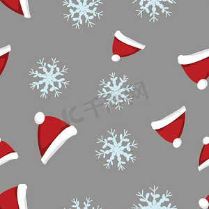 圣诞袜矢量摄影照片_圣诞红帽和雪花无缝图案。