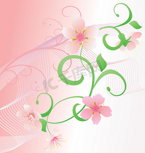 粉色浪漫矢量背景与花朵和曲线