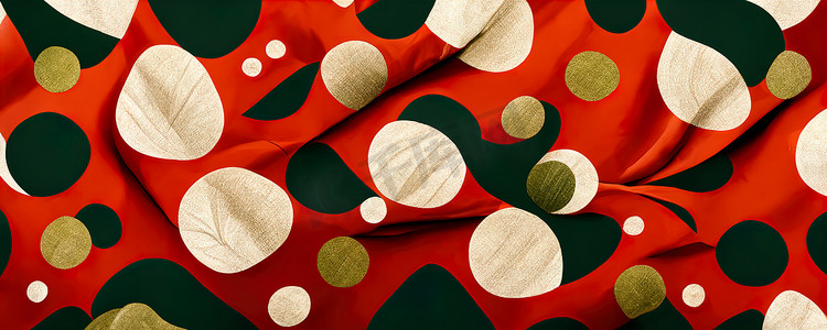 红色背景上带有白色和绿色圆圈的圣诞温暖面料，彩色抽象墙纸纹理背景图