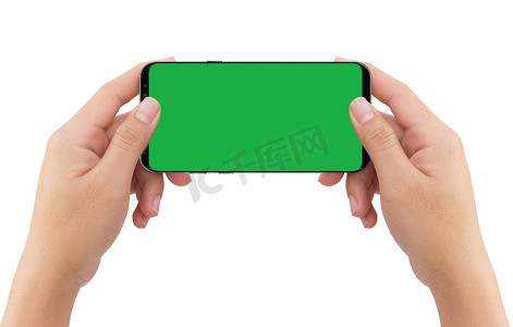 显示屏模板摄影照片_孤立的人类两只手拿着黑色移动绿色显示屏 smar