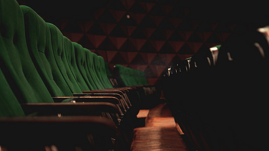老式电影院电影观众复古座位，绿色，没人