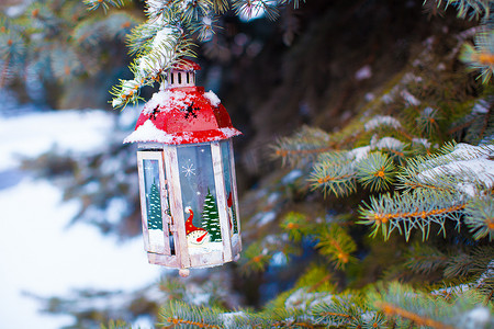 树枝灯笼摄影照片_雪冬日冷杉树枝上的装饰圣诞灯笼