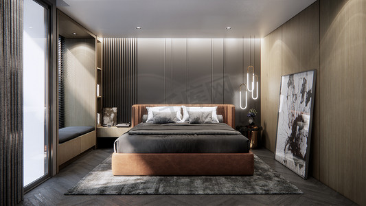 带双人床的现代豪华卧室室内设计，3D 渲染