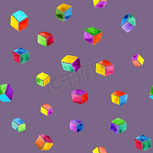 紫色多色立方体的抽象水彩无缝图案