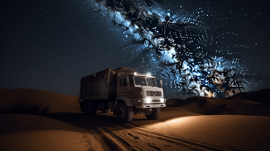 一辆卡车停在沙漠中央布满星星的夜空下