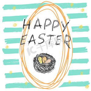 复活节快乐手绘贺卡，彩色背景上有字母和素描涂鸦元素复活节彩蛋