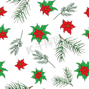 新年和圣诞节手绘植物、一品红花和松枝无缝图案背景。