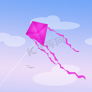 风筝玩具摄影照片_天空中的粉色风筝