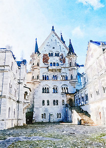 水彩艺术版画，阿尔卑斯山中的城堡