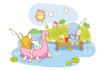 有趣的动物在河里玩耍