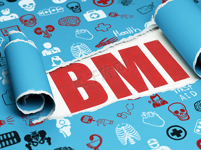医学概念：在被撕毁的纸片下的红色文本 BMI